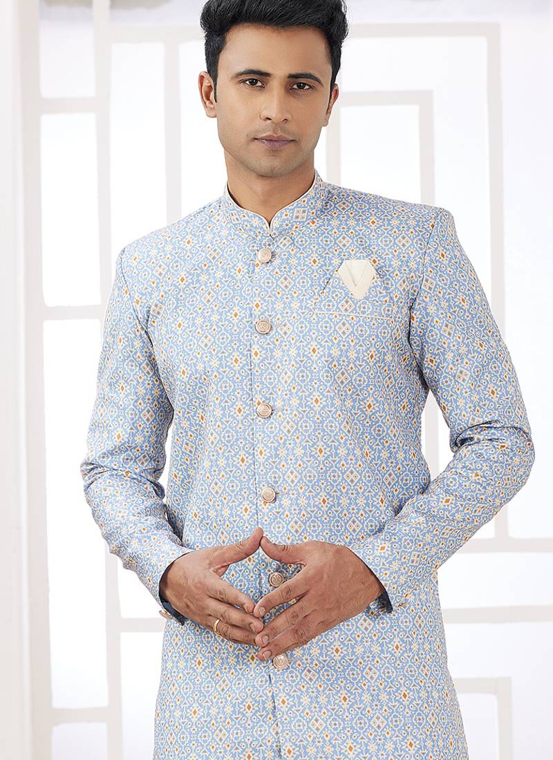 banarasi jacquard sky blue festival wear embroidery work readymade indo western