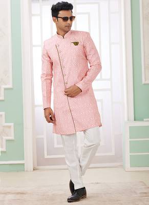banarasi jacquard pink festival wear embroidery work readymade indo western 1