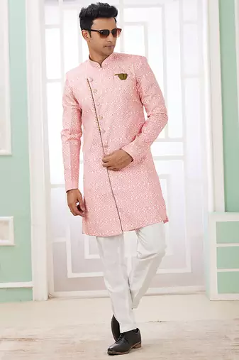 banarasi jacquard pink festival wear embroidery work readymade indo western