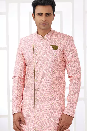 banarasi jacquard pink festival wear embroidery work readymade indo western