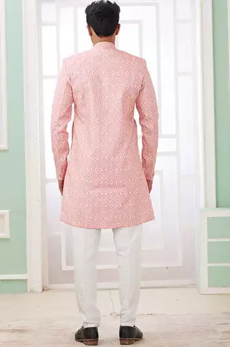 banarasi jacquard pink festival wear embroidery work readymade indo western