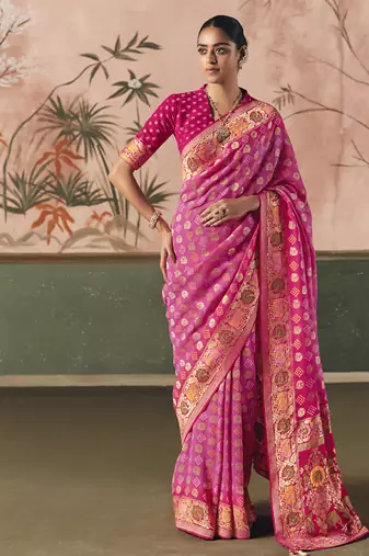 Pink khadi georgette with designer weaving work & beautiful tassels bandhani saree