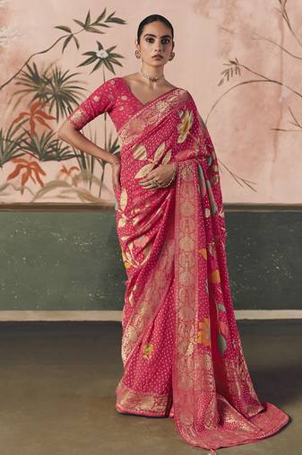 Crimson khadi georgette with designer weaving work & beautiful tassels bandhani saree