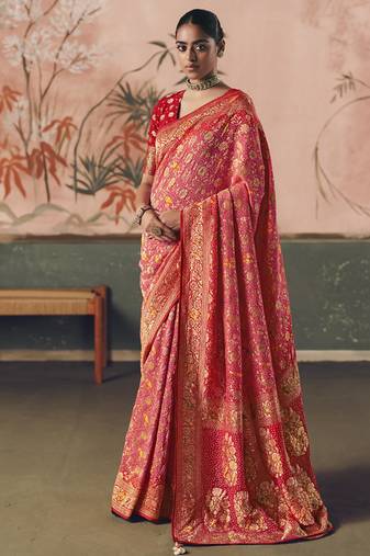 Red khadi georgette with designer weaving work & beautiful tassels bandhani saree