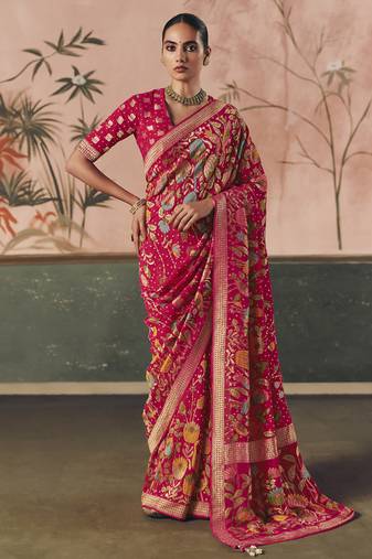 Red khadi georgette with designer weaving work & beautiful tassels bandhani saree
