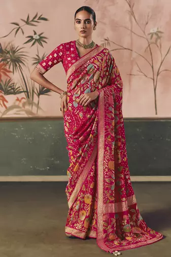 Red khadi georgette with designer weaving work & beautiful tassels bandhani saree