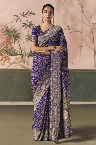 Purple khadi georgette with designer weaving work & beautiful tassels bandhani saree