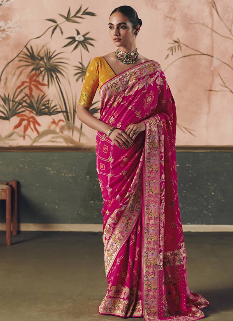 Rani pink khadi georgette with designer weaving work & beautiful tassels bandhani saree