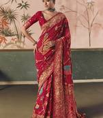 Blood red khadi georgette with designer weaving work & beautiful tassels bandhani saree