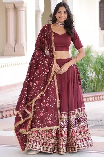 Maroon Vichitra Silk With Sequins Embroidered Work Lahenga Choli And Duptta