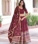Maroon Vichitra Silk With Sequins Embroidered Work Lahenga Choli And Duptta