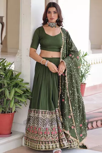 Green Vichitra Silk With Sequins Embroidered Work Lahenga Choli And Duptta