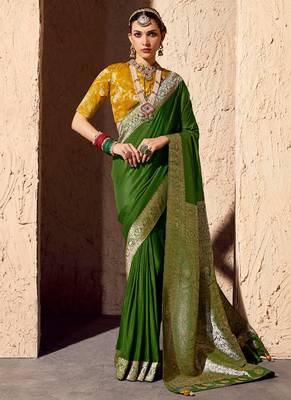 olive green viscose silk blend with zari weaving & tassel with brocade blouse  1