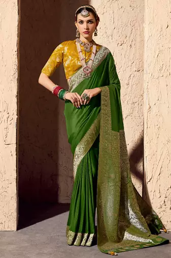 olive green viscose silk blend with zari weaving & tassel with brocade blouse 