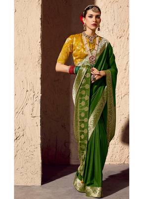 olive green viscose silk blend with zari weaving & tassel with brocade blouse  2