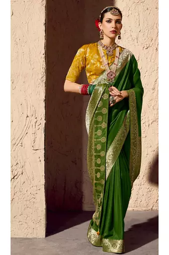 olive green viscose silk blend with zari weaving & tassel with brocade blouse 