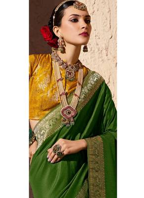 olive green viscose silk blend with zari weaving & tassel with brocade blouse  5