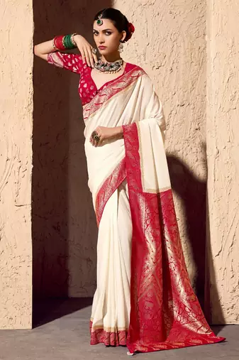 off white & red viscose silk blend with zari weaving & tassel with brocade blouse 