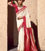off white & red viscose silk blend with zari weaving & tassel with brocade blouse 