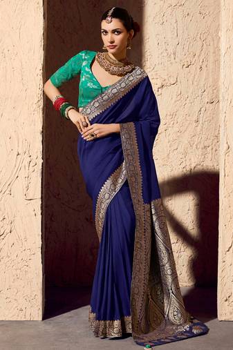 navy blue viscose silk blend with zari weaving & tassel with brocade blouse 