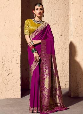 magenta viscose silk blend with zari weaving & tassel with brocade blouse  1