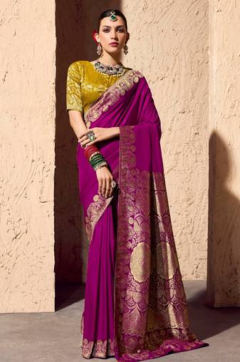 magenta viscose silk blend with zari weaving & tassel with brocade blouse 