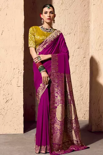 magenta viscose silk blend with zari weaving & tassel with brocade blouse 