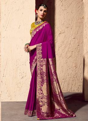 magenta viscose silk blend with zari weaving & tassel with brocade blouse  2