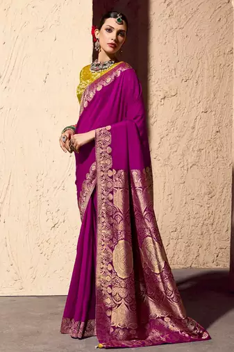 magenta viscose silk blend with zari weaving & tassel with brocade blouse 