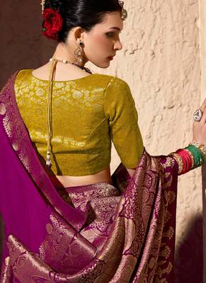magenta viscose silk blend with zari weaving & tassel with brocade blouse  3