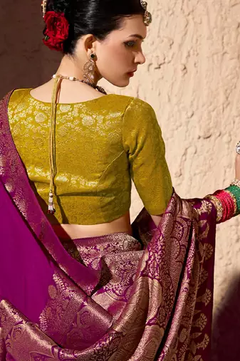 magenta viscose silk blend with zari weaving & tassel with brocade blouse 