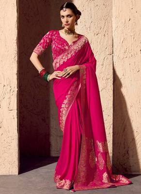 rasberry viscose silk blend with zari weaving & tassel with brocade blouse  1