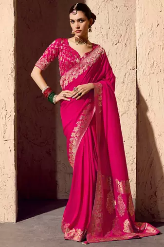 rasberry viscose silk blend with zari weaving & tassel with brocade blouse 
