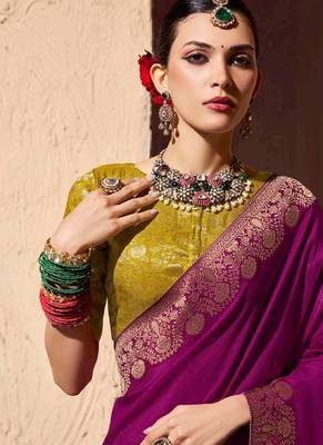 magenta viscose silk blend with zari weaving & tassel with brocade blouse  4
