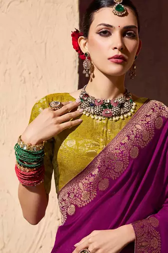 magenta viscose silk blend with zari weaving & tassel with brocade blouse 