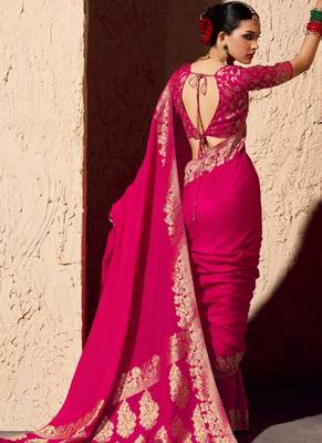 rasberry viscose silk blend with zari weaving & tassel with brocade blouse  2