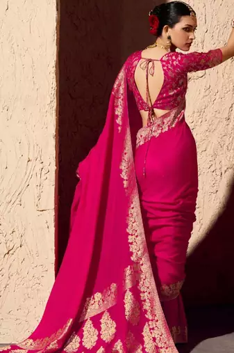 rasberry viscose silk blend with zari weaving & tassel with brocade blouse 