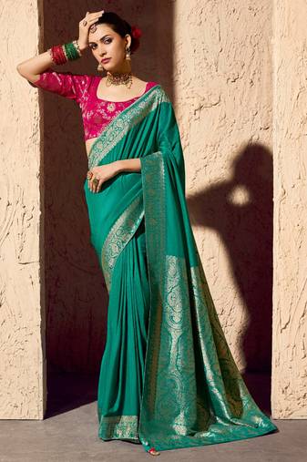turquoise viscose silk blend with zari weaving & tassel with brocade blouse 