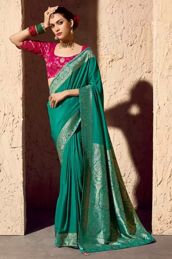 turquoise viscose silk blend with zari weaving & tassel with brocade blouse 