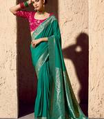 turquoise viscose silk blend with zari weaving & tassel with brocade blouse 