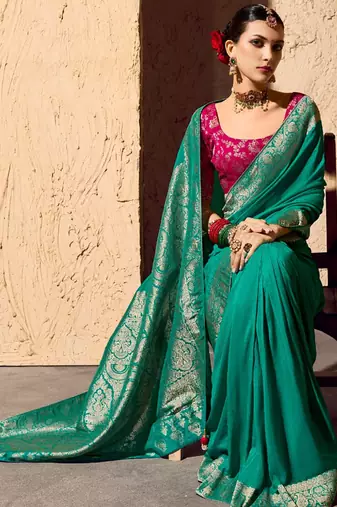 turquoise viscose silk blend with zari weaving & tassel with brocade blouse 