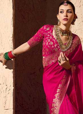 rasberry viscose silk blend with zari weaving & tassel with brocade blouse  3