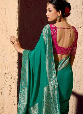 turquoise viscose silk blend with zari weaving & tassel with brocade blouse  3