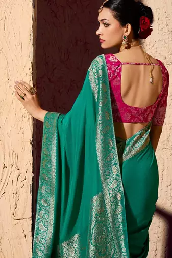 turquoise viscose silk blend with zari weaving & tassel with brocade blouse 