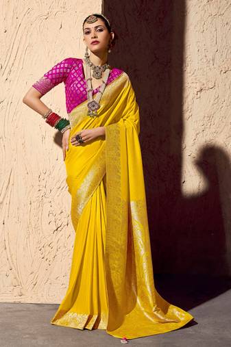 yellow viscose silk blend with zari weaving & tassel with brocade blouse 
