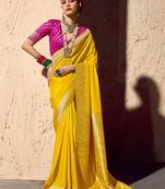 yellow viscose silk blend with zari weaving & tassel with brocade blouse 