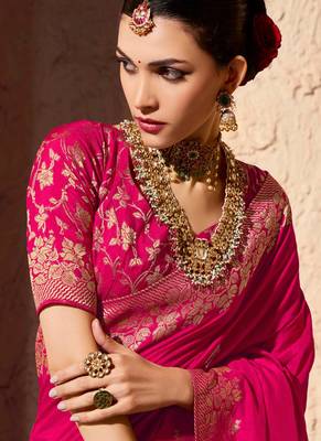 rasberry viscose silk blend with zari weaving & tassel with brocade blouse  5