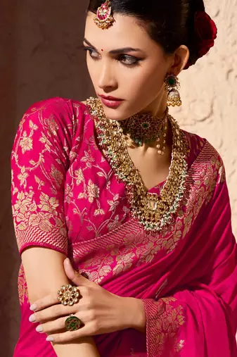 rasberry viscose silk blend with zari weaving & tassel with brocade blouse 