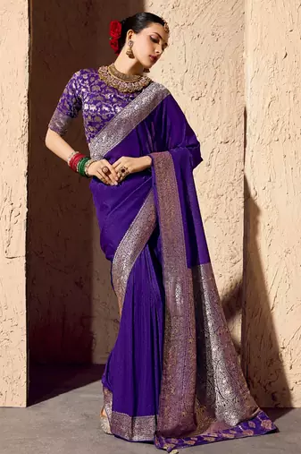 purple viscose silk blend with zari weaving & tassel with brocade blouse 