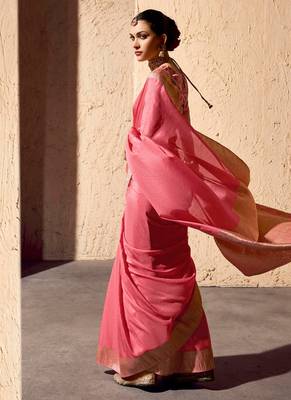peach viscose silk blend with zari weaving & tassel with brocade blouse  2